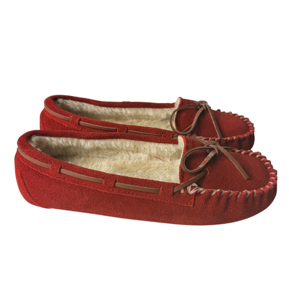 Blitz Molly Red Suede Moccasin Slippers Faux Fur Lined Womens Size 11M NEW